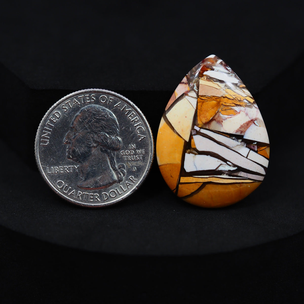 Natural Brecciated Mookaite jasper cabochon 31x23mm pear front view golden brown cream brecciation Pedra Gems