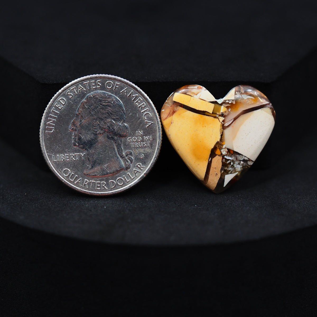 Natural Brecciated Mookaite jasper cabochon 22x23mm heart front view golden brown cream brecciation Pedra Gems