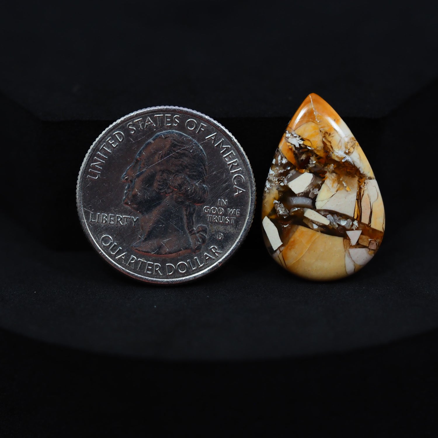 Natural Brecciated Mookaite jasper cabochon 25x17mm pear front view golden brown cream brecciation Pedra Gems
