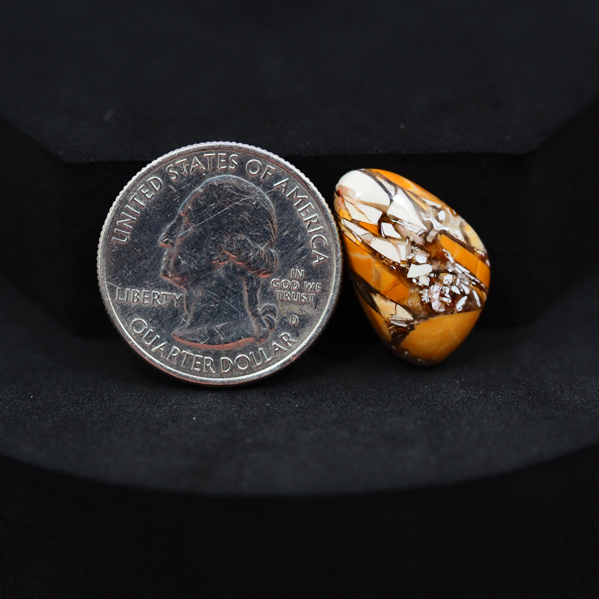 Natural Brecciated Mookaite jasper cabochon 21x13mm freeform front view golden brown cream brecciation Pedra Gems