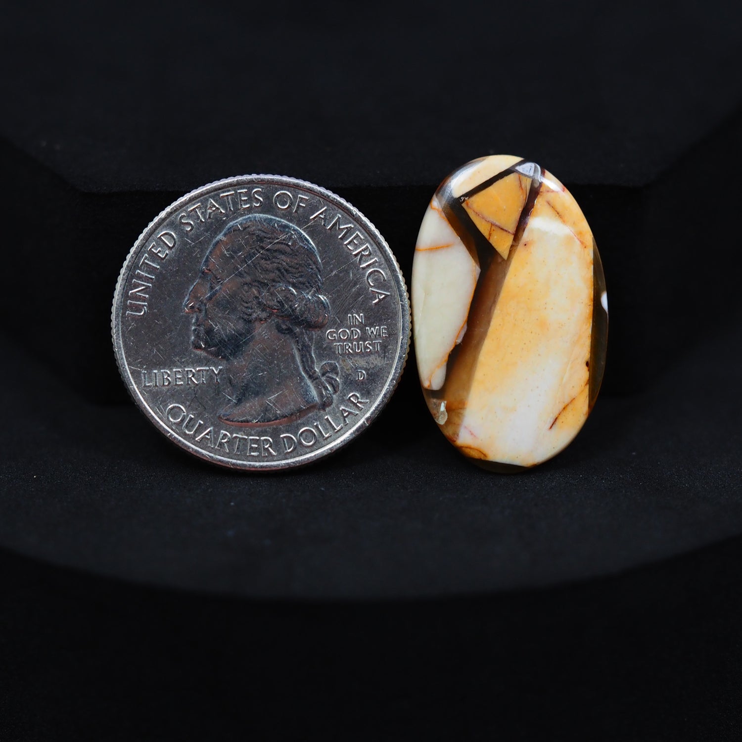 Natural Brecciated Mookaite jasper cabochon 26x16mm oval front view golden brown cream brecciation Pedra Gems