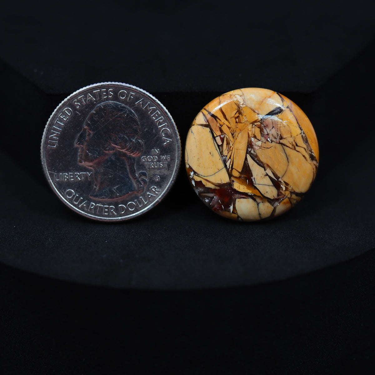 Natural Brecciated Mookaite jasper cabochon 23x23mm round front view golden brown cream brecciation Pedra Gems