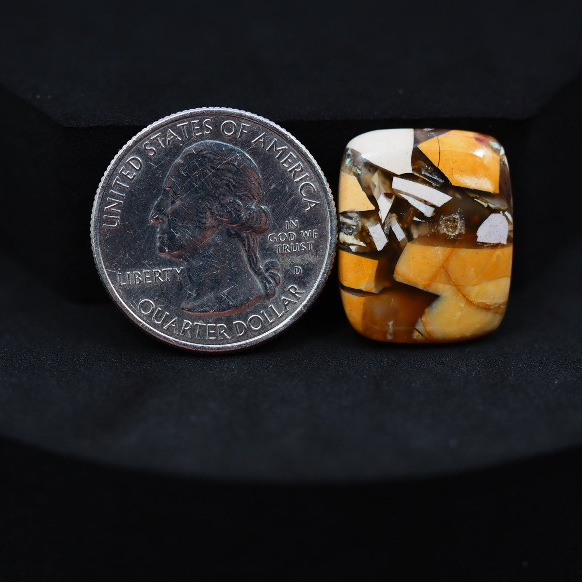Natural Brecciated Mookaite jasper cabochon 21x17mm cushion front view golden brown cream brecciation Pedra Gems