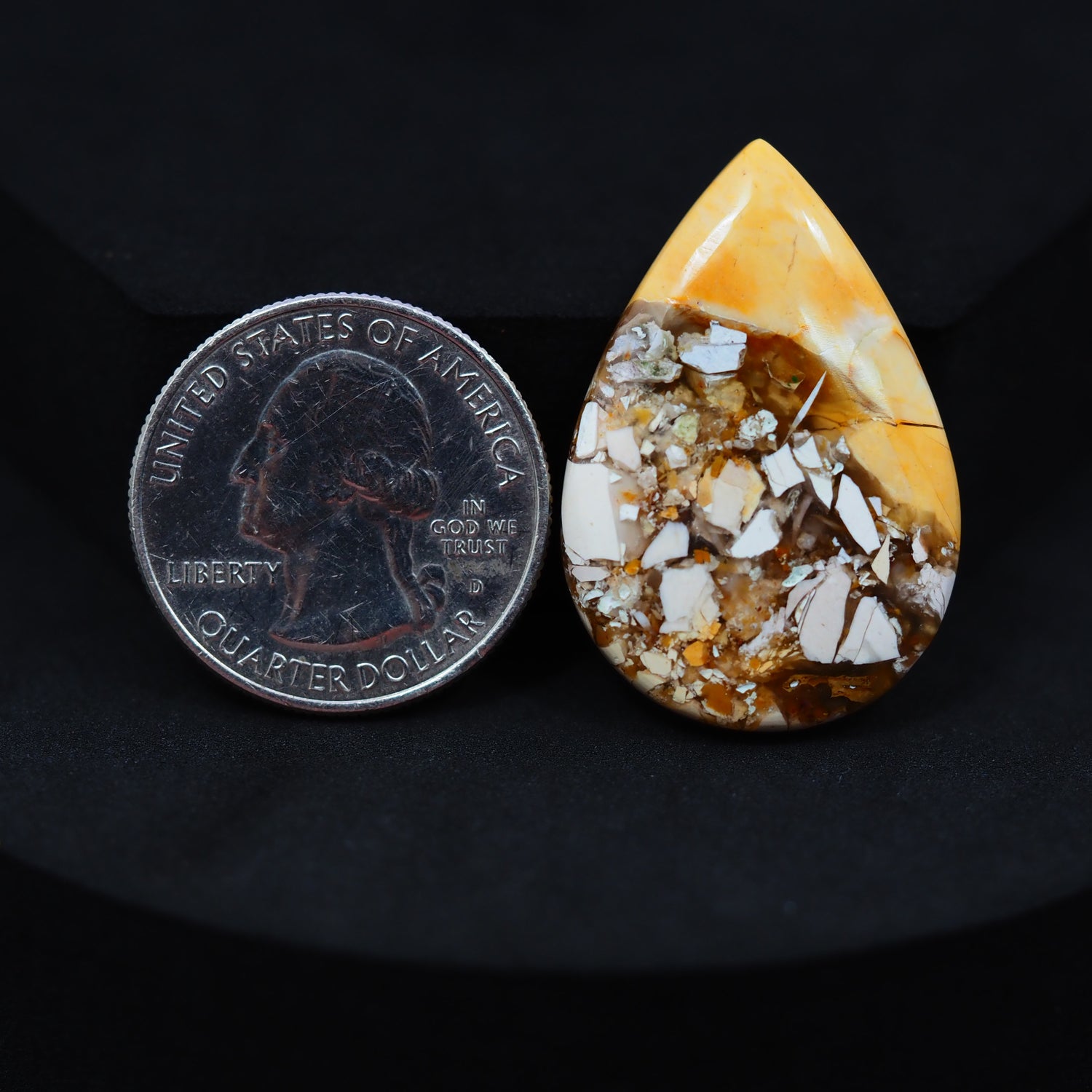 Natural Brecciated Mookaite jasper cabochon 34x23mm pear front view golden brown cream brecciation Pedra Gems