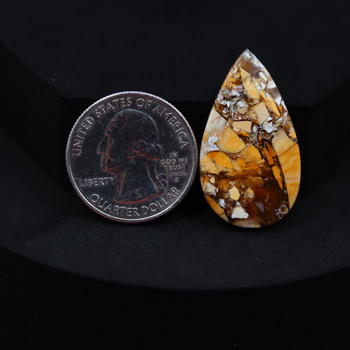 Natural Brecciated Mookaite jasper cabochon 33x18mm pear front view golden brown cream brecciation Pedra Gems