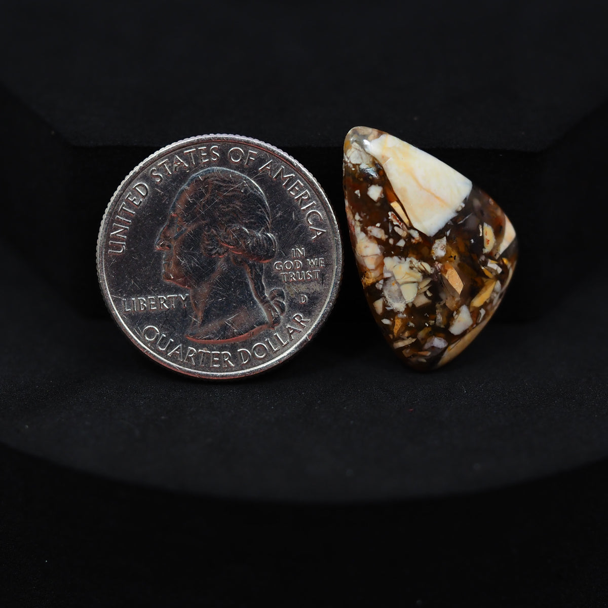 Natural Brecciated Mookaite jasper cabochon 25x17mm freeform front view golden brown cream brecciation Pedra Gems