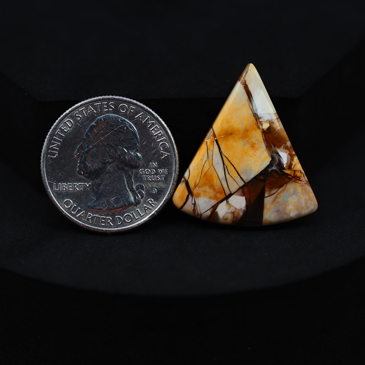 Natural Brecciated Mookaite jasper cabochon 29x26mm trillion front view golden brown cream brecciation Pedra Gems