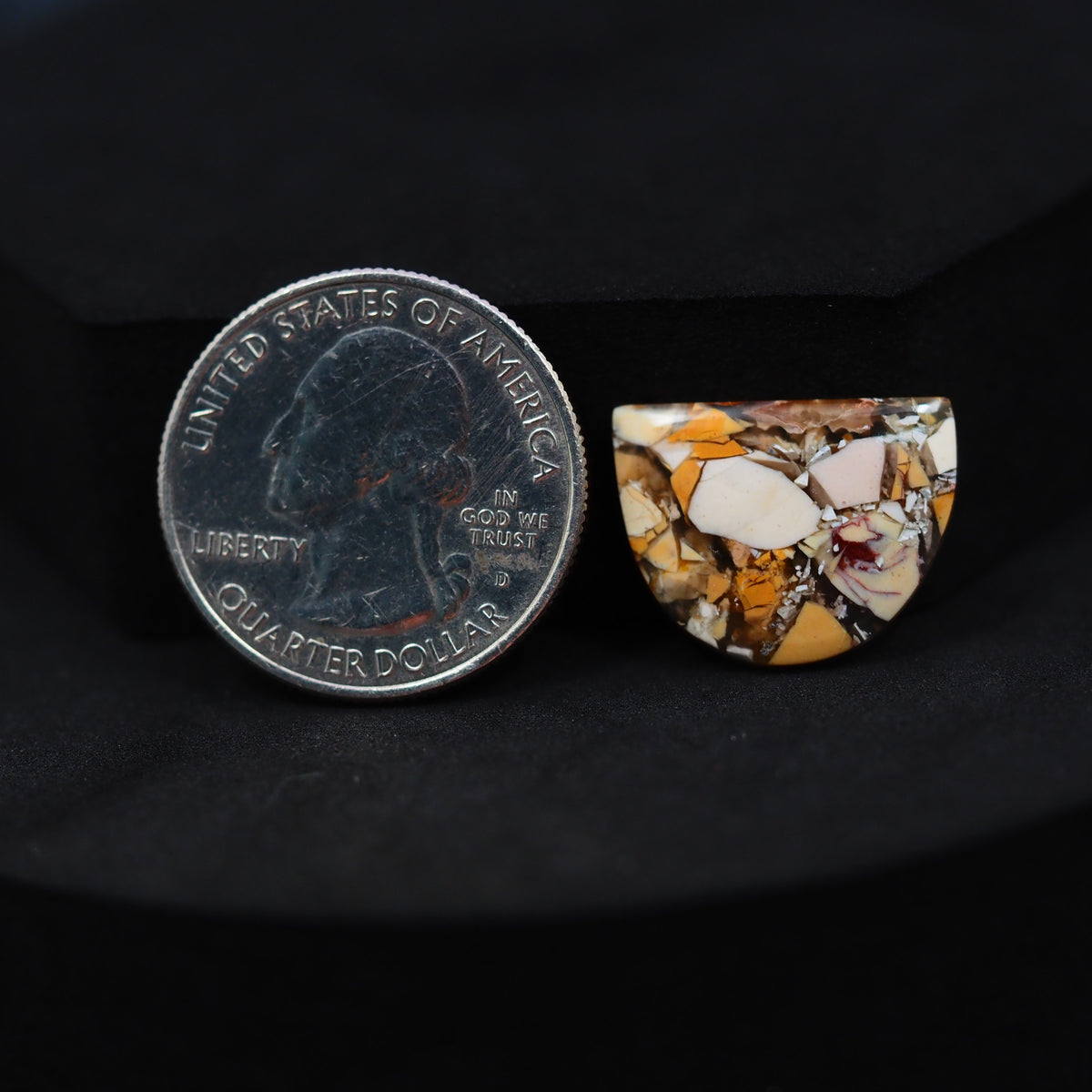Natural Brecciated Mookaite jasper cabochon 15x19mm freeform front view golden brown cream brecciation Pedra Gems