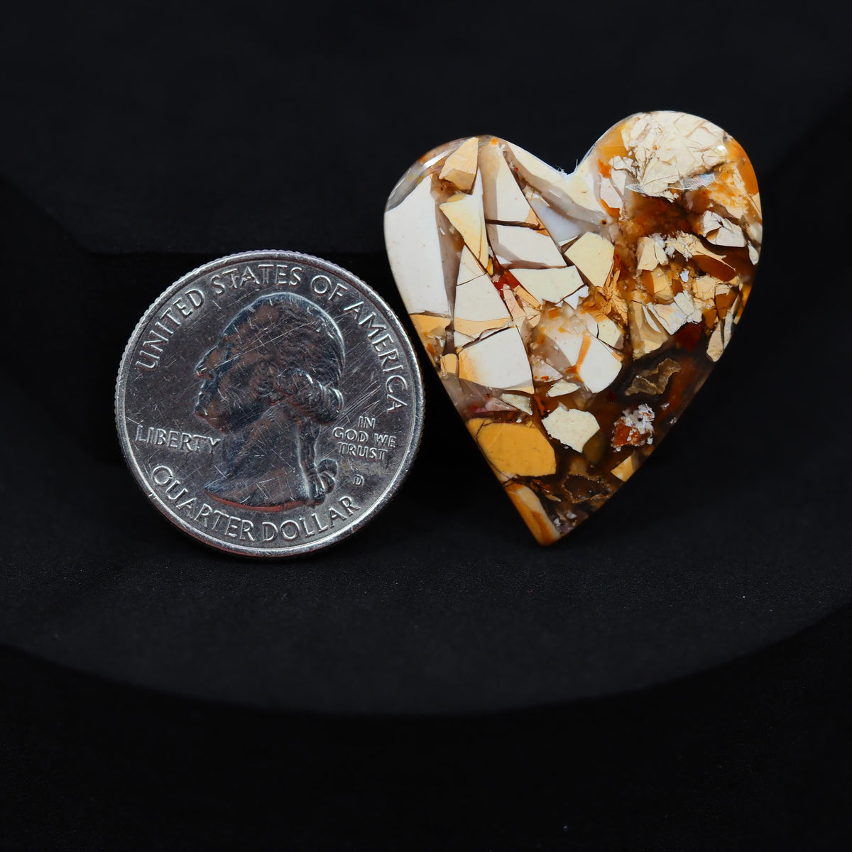Natural Brecciated Mookaite jasper cabochon 32x29mm heart front view golden brown cream brecciation Pedra Gems