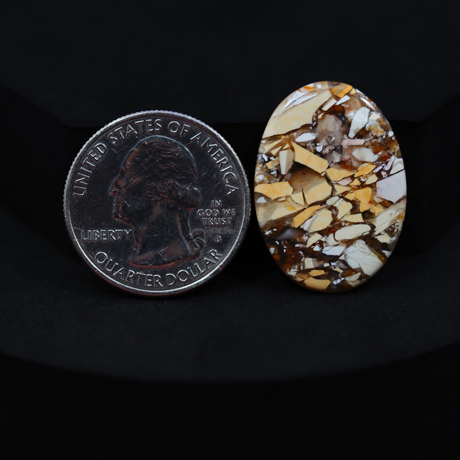 Natural Brecciated Mookaite jasper cabochon 27x20mm oval front view golden brown cream brecciation Pedra Gems