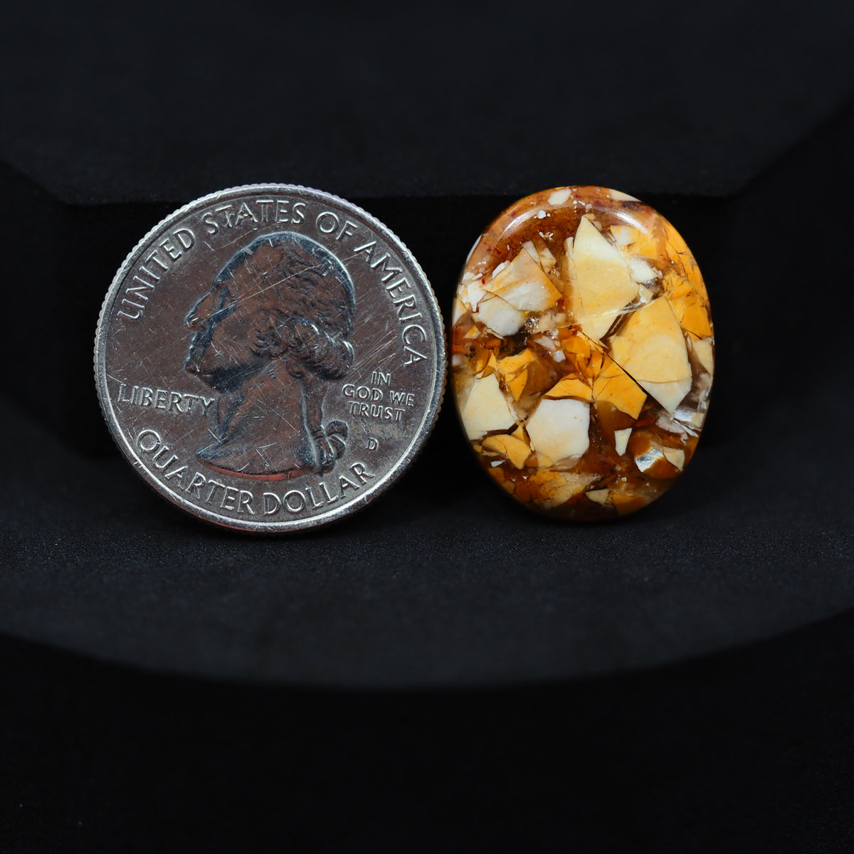 Natural Brecciated Mookaite jasper cabochon 23x18mm oval front view golden brown cream brecciation Pedra Gems