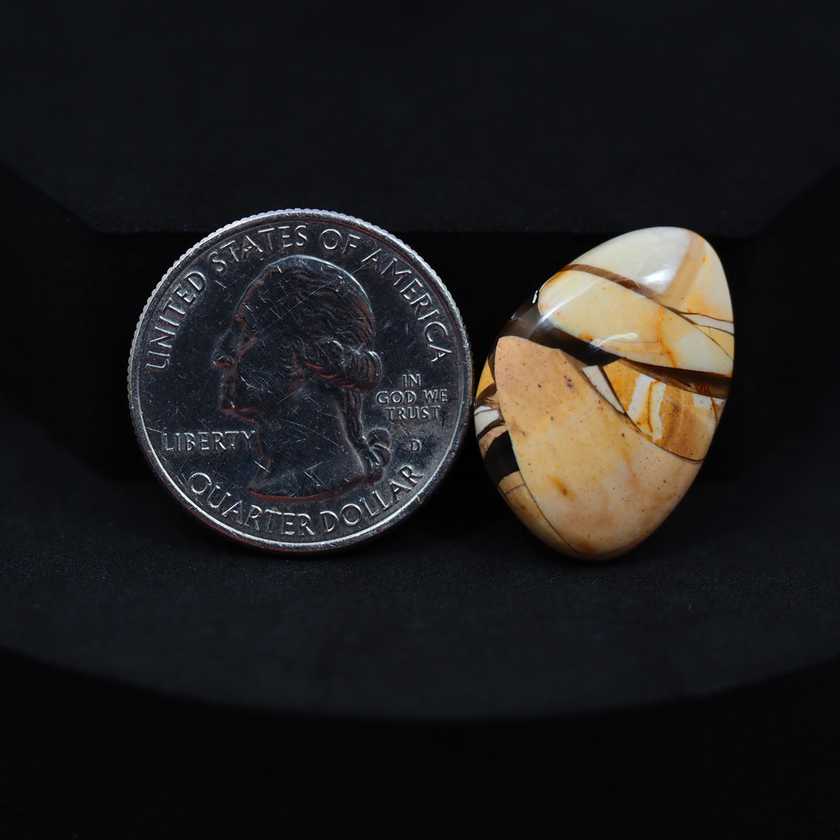 Natural Brecciated Mookaite jasper cabochon 24x17mm freeform front view golden brown cream brecciation Pedra Gems