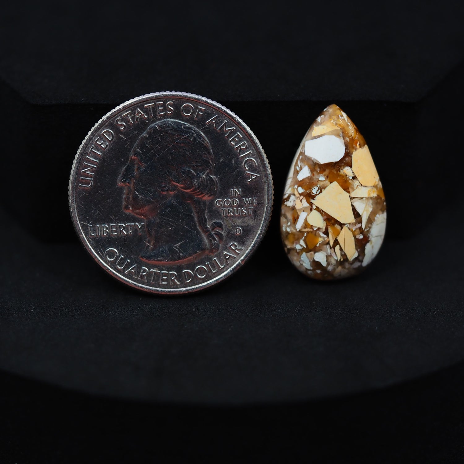 Natural Brecciated Mookaite jasper cabochon 21x13mm pear front view golden brown cream brecciation Pedra Gems