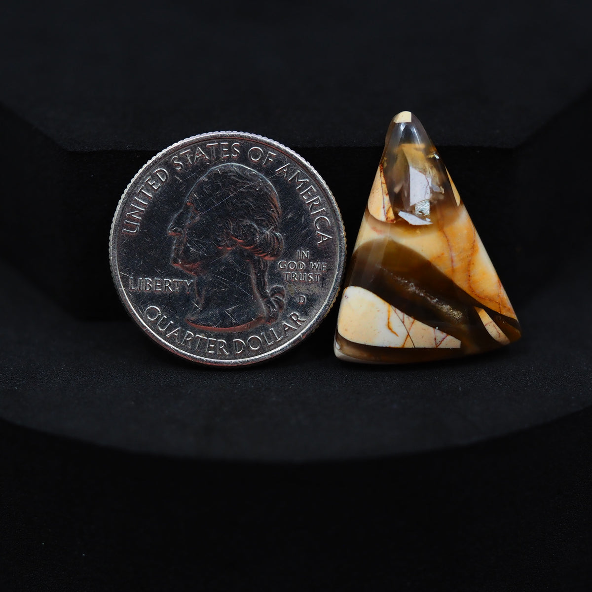 Natural Brecciated Mookaite jasper cabochon 25x19mm trillion front view golden brown cream brecciation Pedra Gems