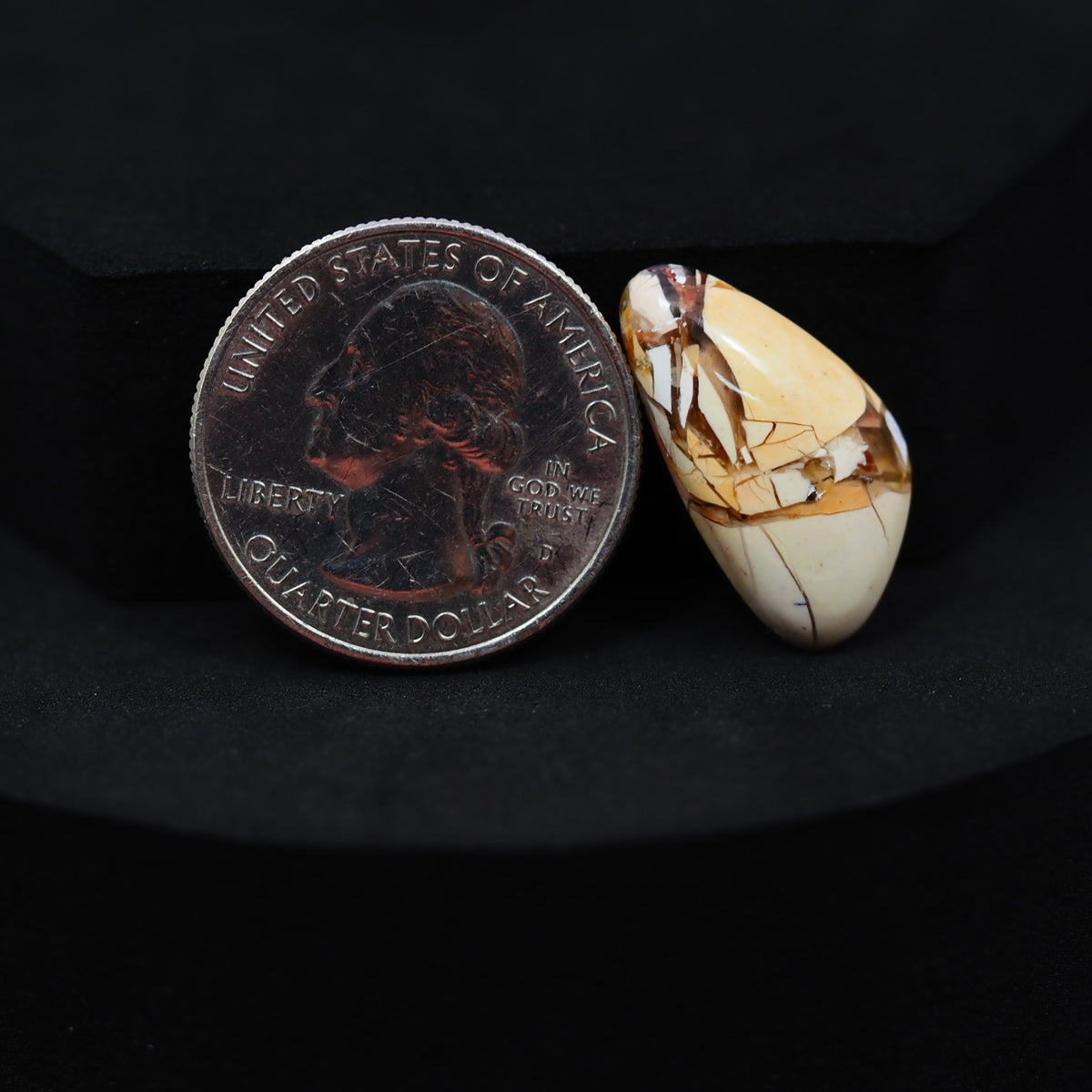 Natural Brecciated Mookaite jasper cabochon 23x12mm freeform front view golden brown cream brecciation Pedra Gems