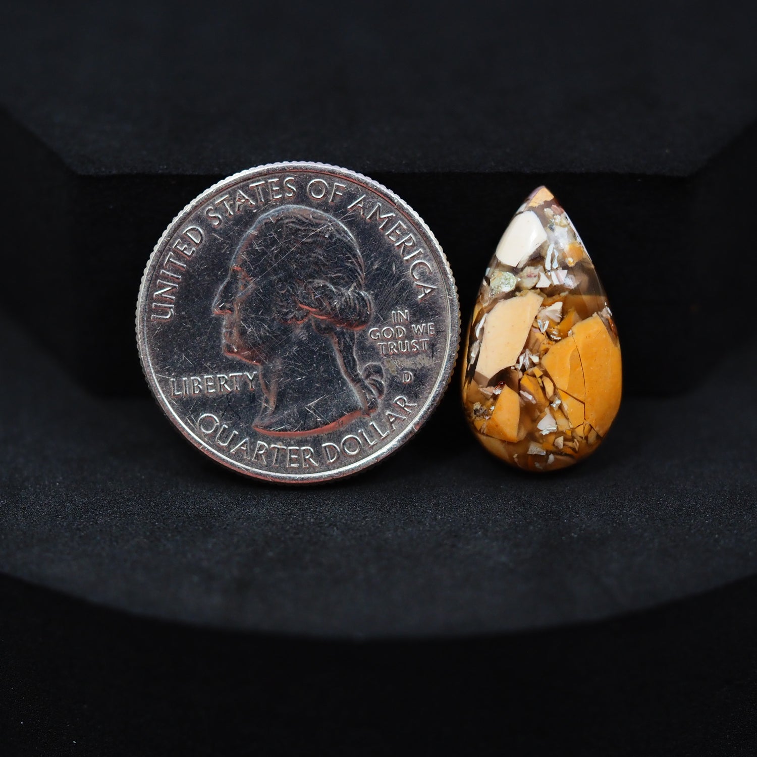Natural Brecciated Mookaite jasper cabochon 22x12mm pear front view golden brown cream brecciation Pedra Gems