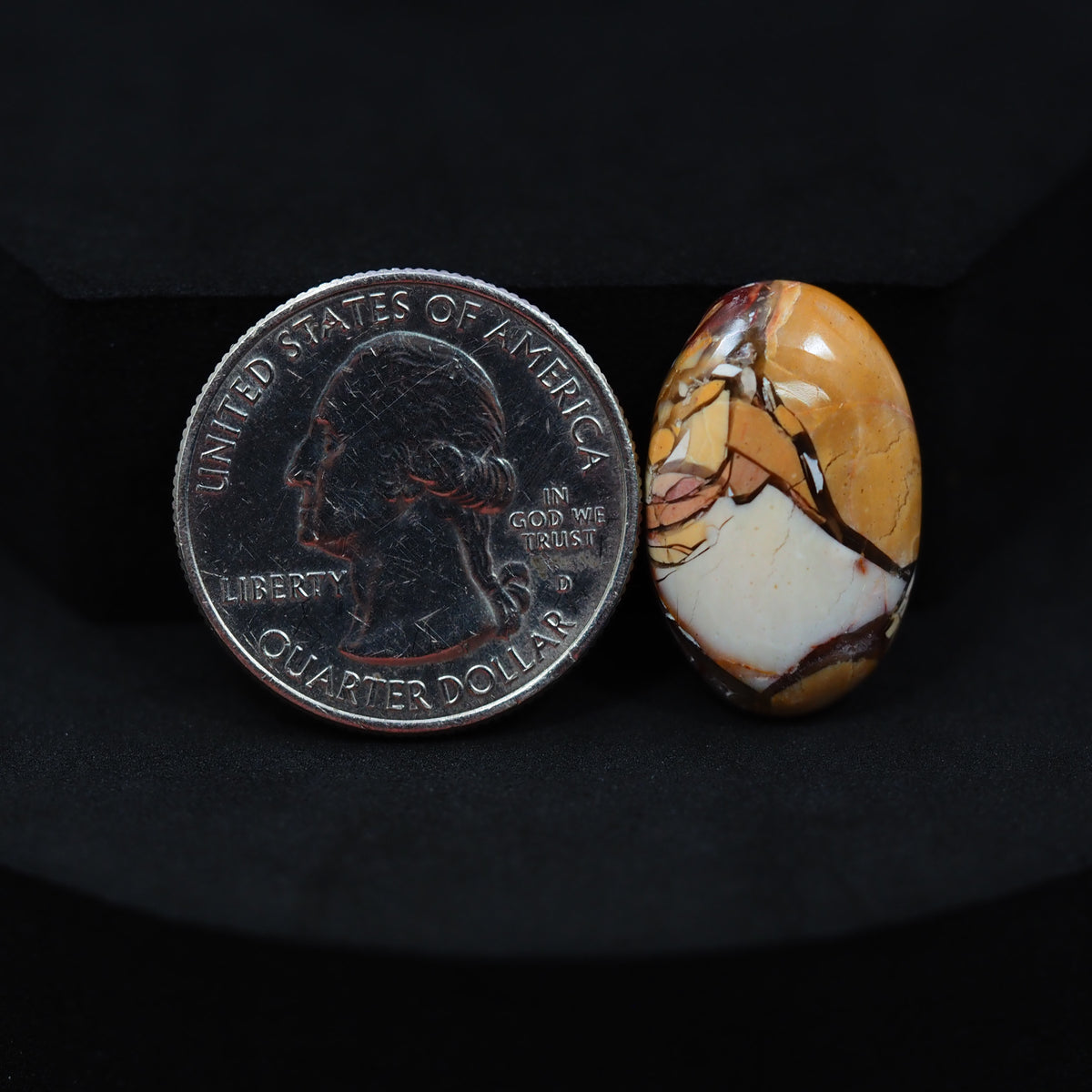 Natural Brecciated Mookaite jasper cabochon 23x14mm oval front view golden brown cream brecciation Pedra Gems