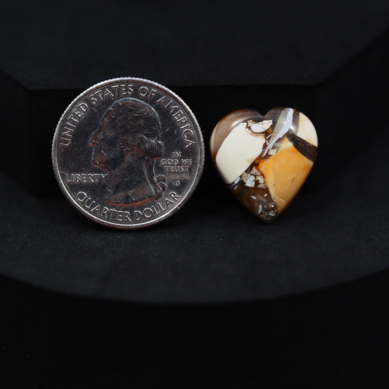 Natural Brecciated Mookaite jasper cabochon 18x17mm heart front view golden brown cream brecciation Pedra Gems