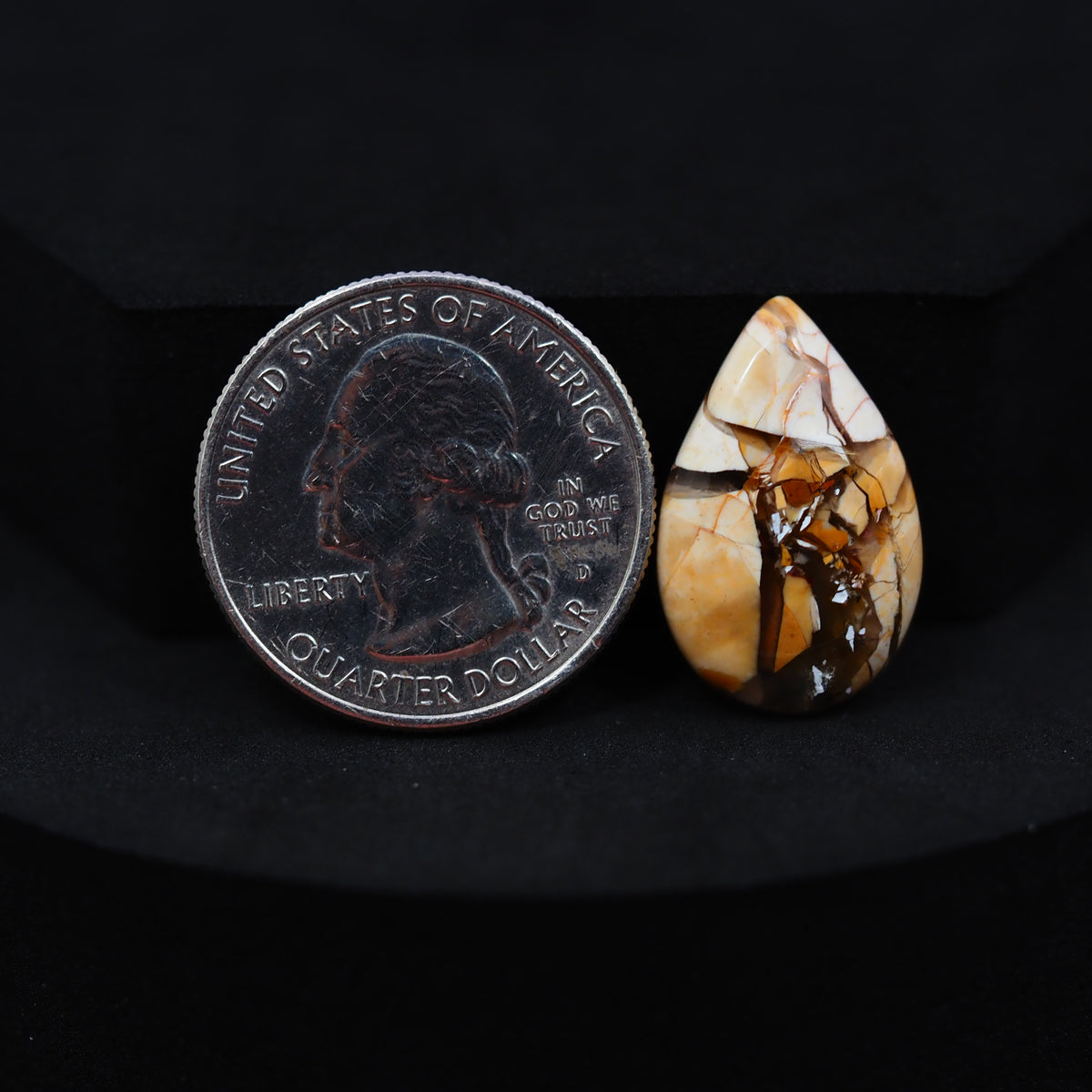 Natural Brecciated Mookaite jasper cabochon 22x14mm pear front view golden brown cream brecciation Pedra Gems