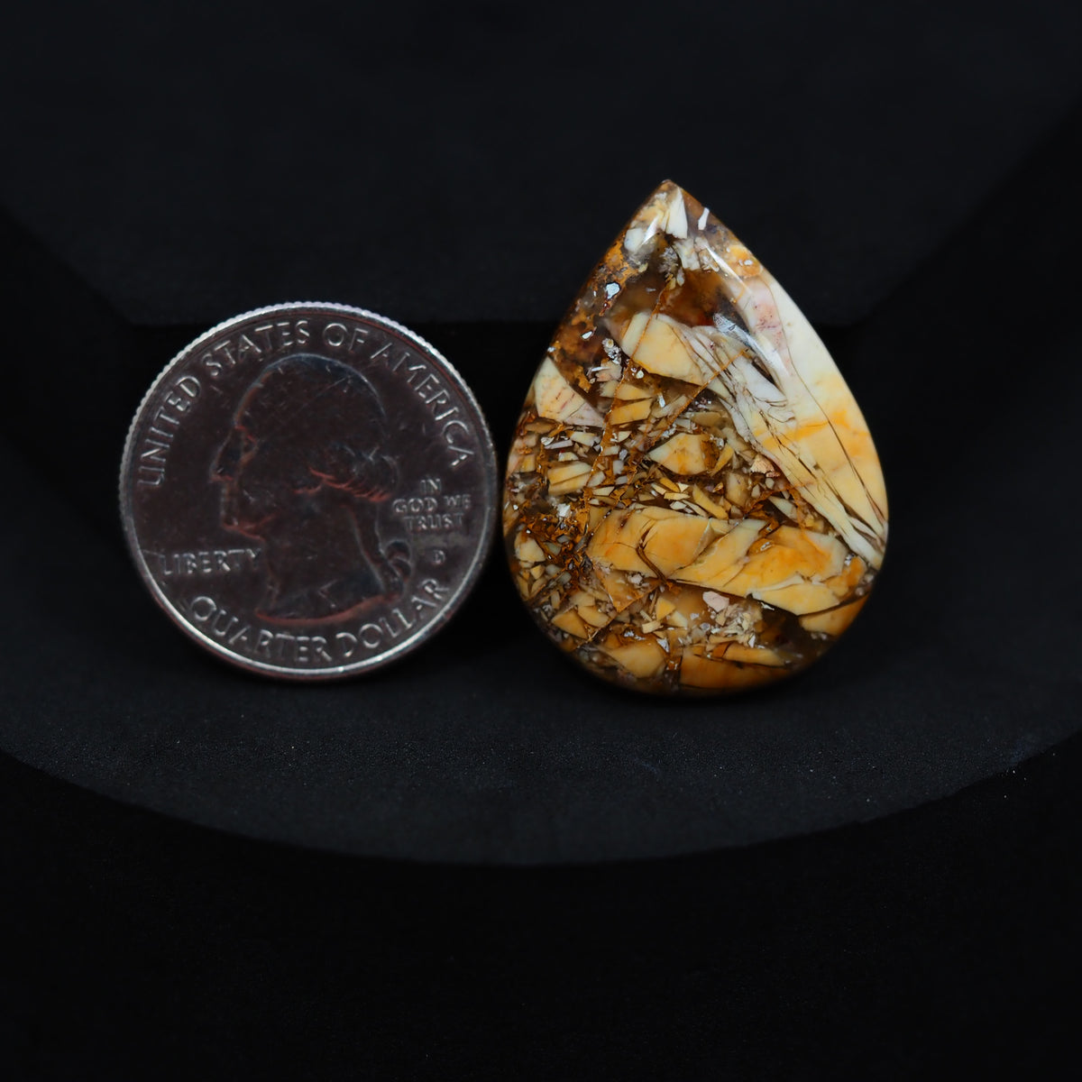 Natural Brecciated Mookaite jasper cabochon 33x24mm pear front view golden brown cream brecciation Pedra Gems
