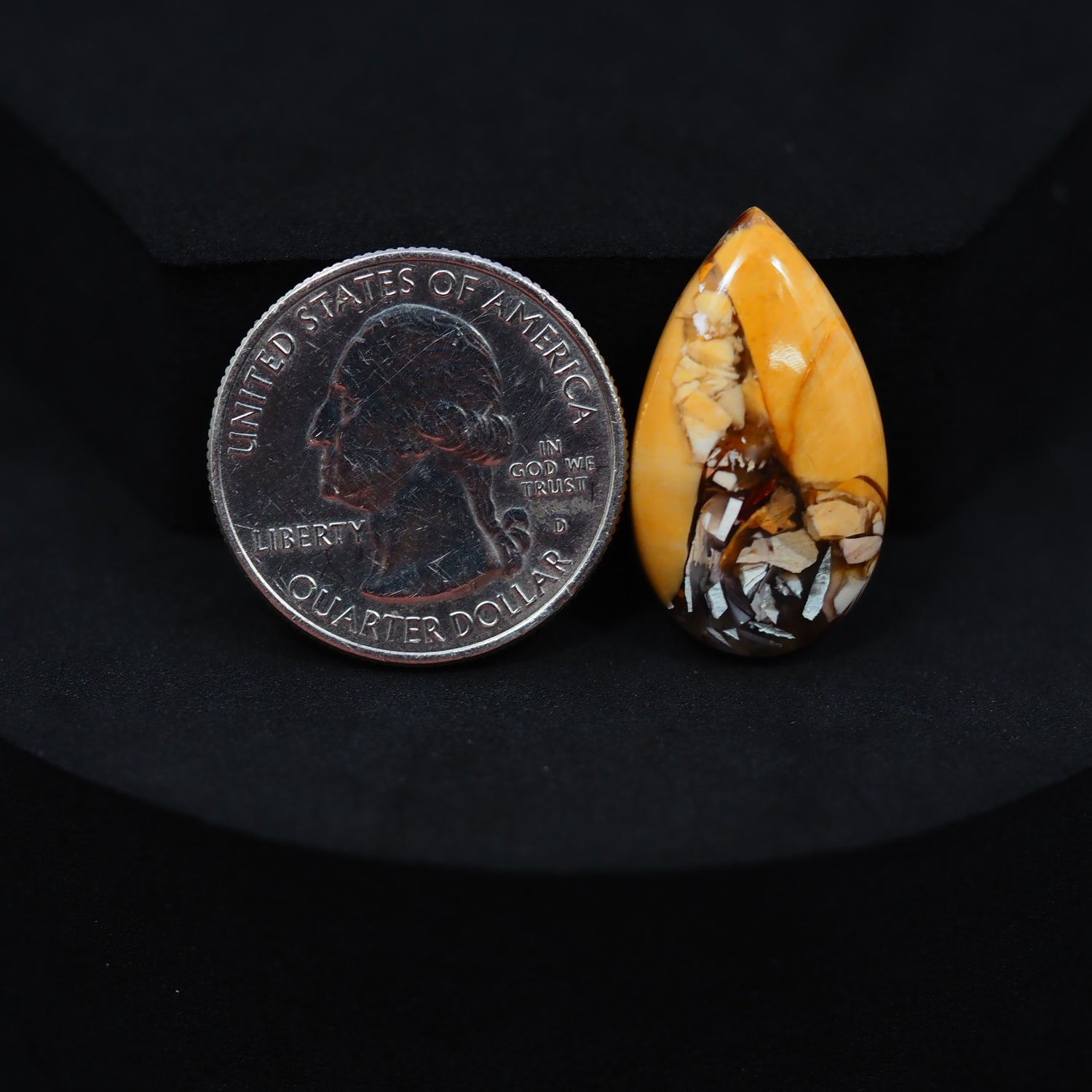 Natural Brecciated Mookaite jasper cabochon 26x15mm pear front view golden brown cream brecciation Pedra Gems