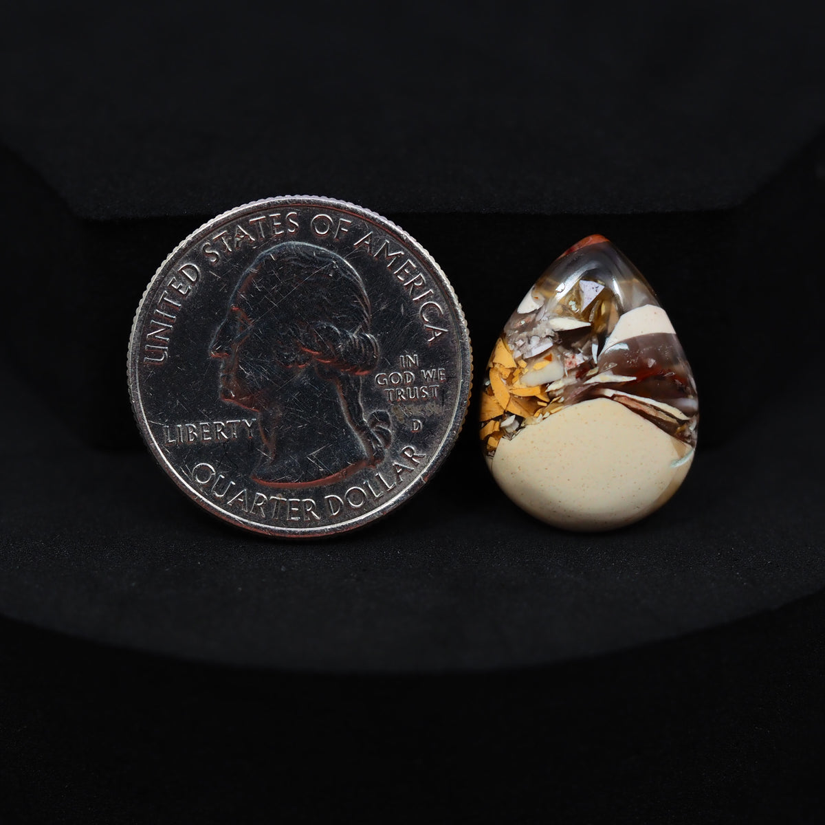 Natural Brecciated Mookaite jasper cabochon 21x16mm pear front view golden brown cream brecciation Pedra Gems