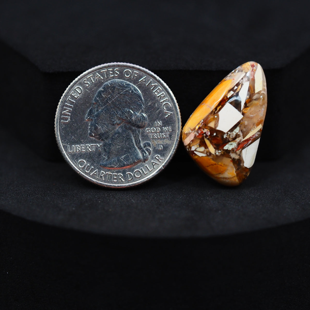 Natural Brecciated Mookaite jasper cabochon 24x15mm freeform front view golden brown cream brecciation Pedra Gems