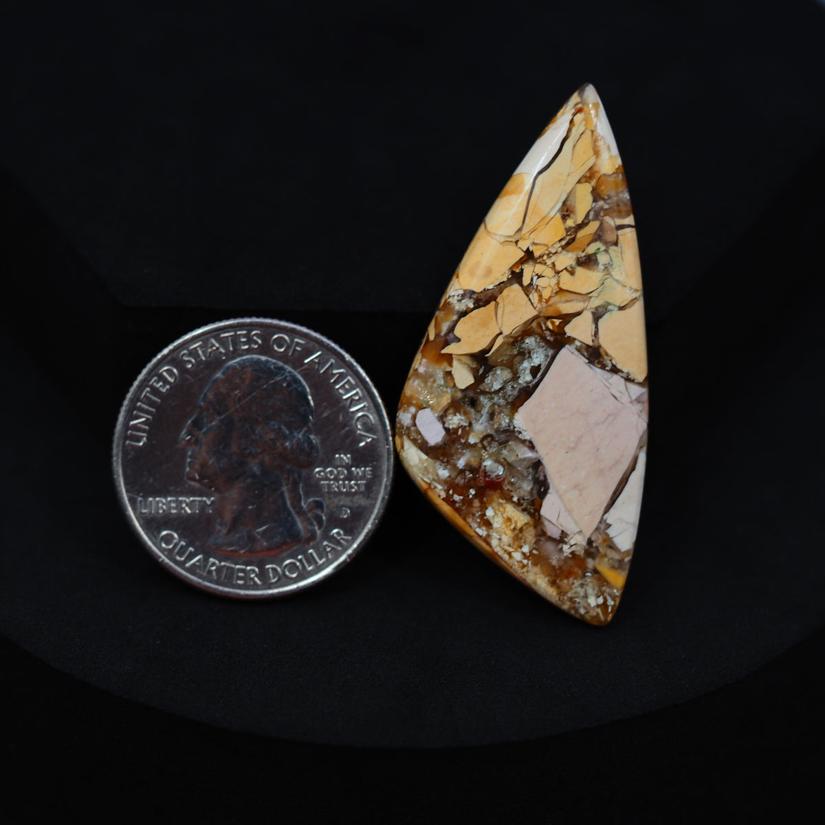 Natural Brecciated Mookaite jasper cabochon 46x22mm freeform front view golden brown cream brecciation Pedra Gems