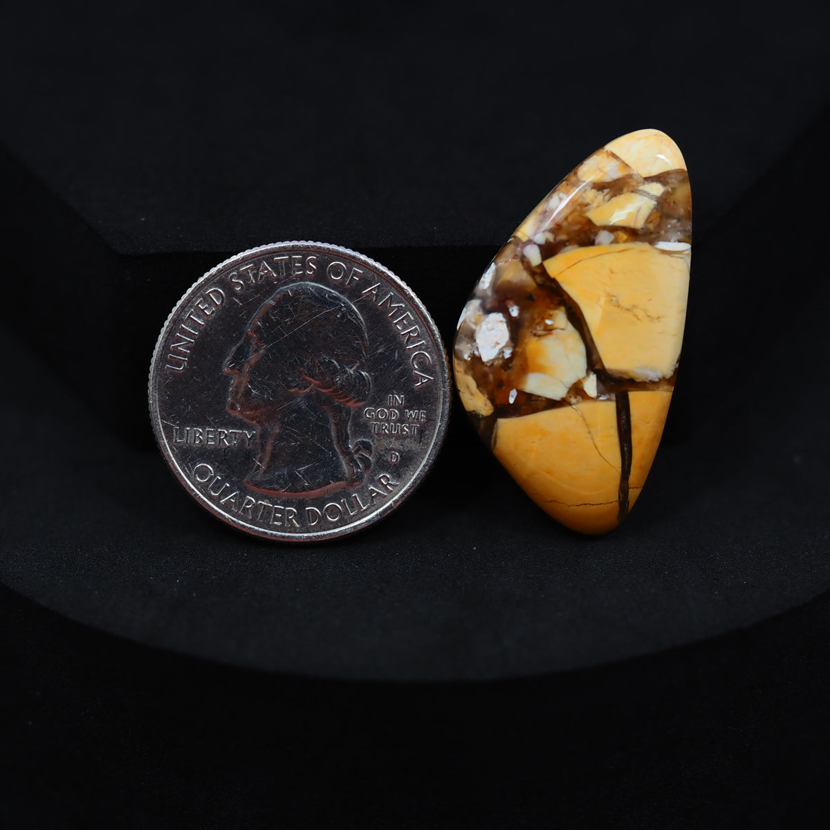 Natural Brecciated Mookaite jasper cabochon 33x18mm freeform front view golden brown cream brecciation Pedra Gems