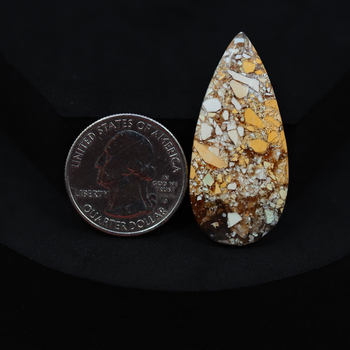 Natural Brecciated Mookaite jasper cabochon 41x19mm pear front view golden brown cream brecciation Pedra Gems
