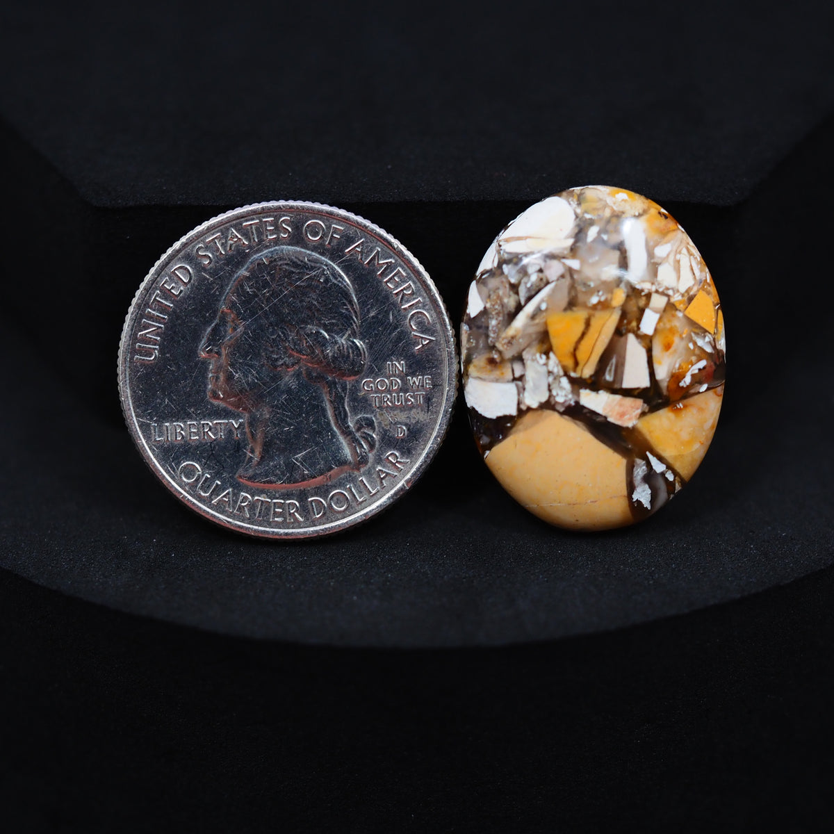 Natural Brecciated Mookaite jasper cabochon 24x19mm oval front view golden brown cream brecciation Pedra Gems