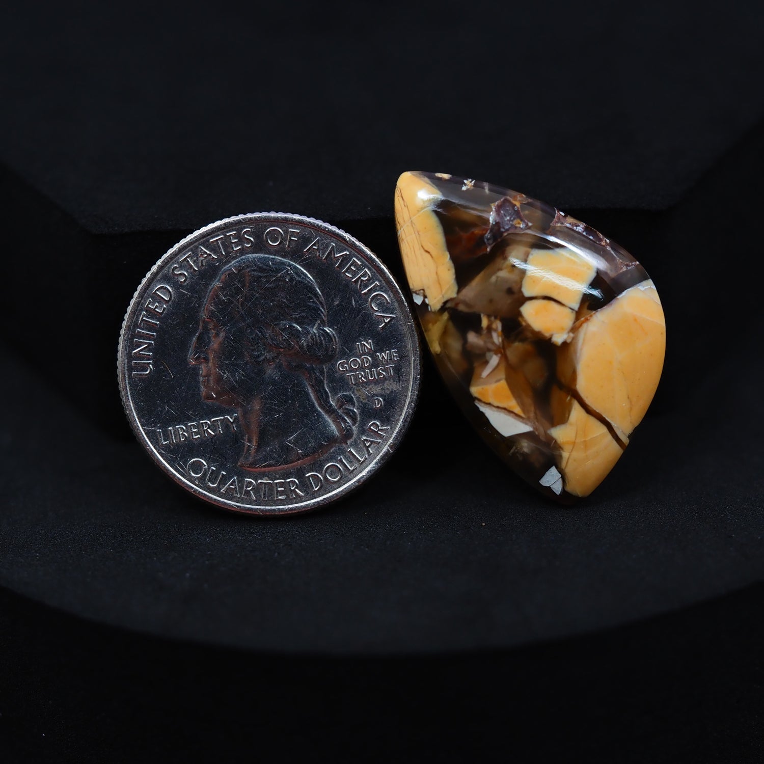 Natural Brecciated Mookaite jasper cabochon 29x18mm freeform front view golden brown cream brecciation Pedra Gems