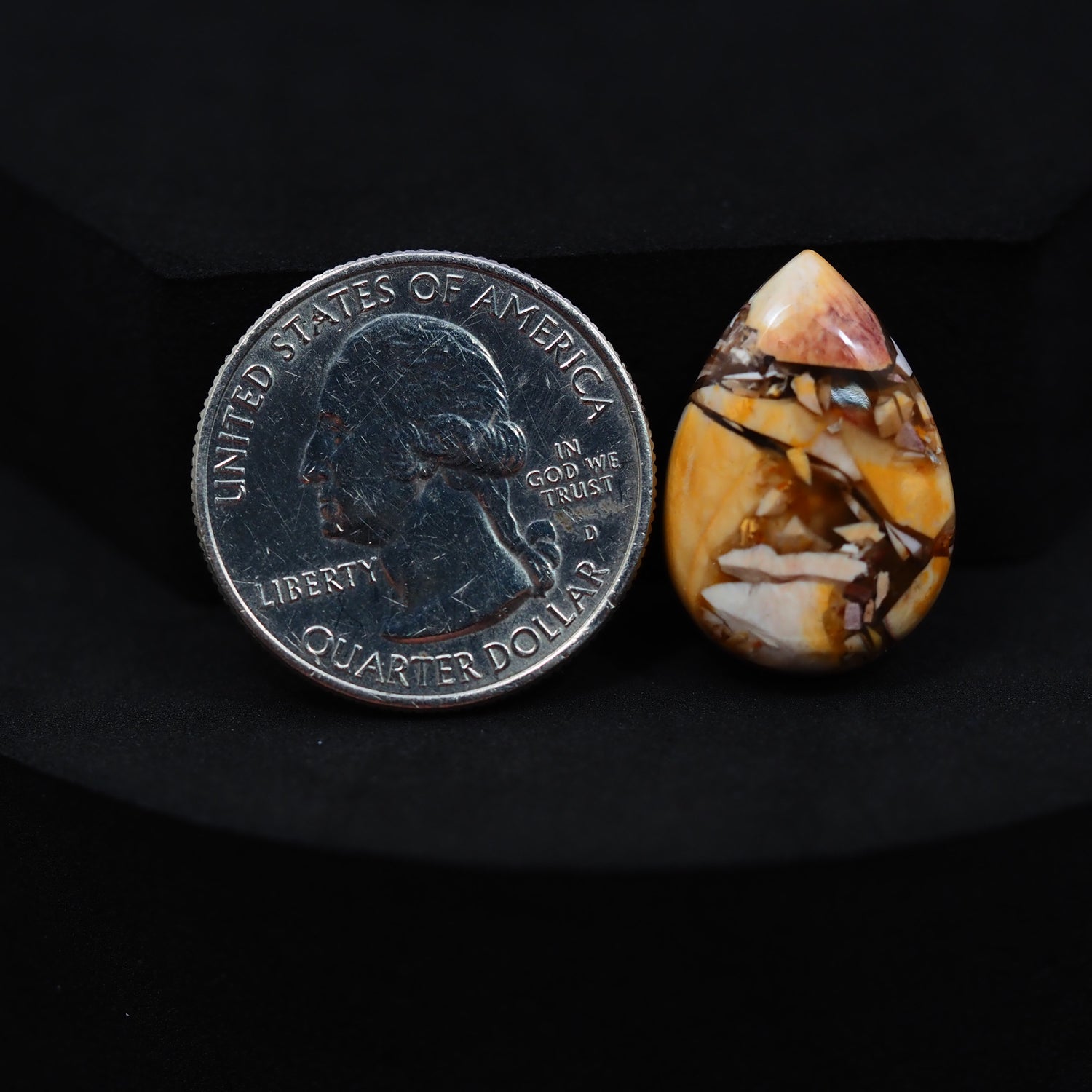 Natural Brecciated Mookaite jasper cabochon 22x15mm pear front view golden brown cream brecciation Pedra Gems
