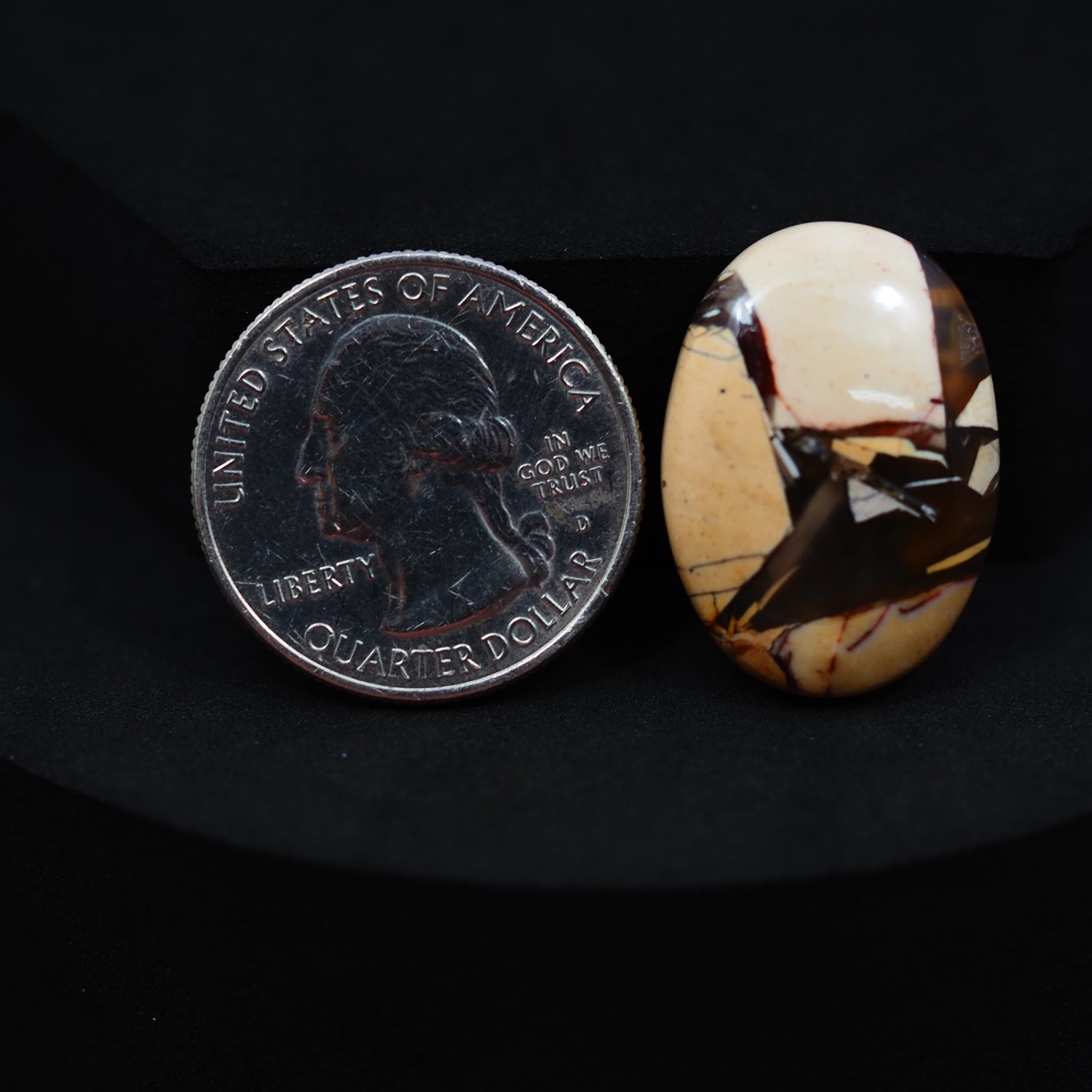 Natural Brecciated Mookaite jasper cabochon 25x18mm oval front view golden brown cream brecciation Pedra Gems
