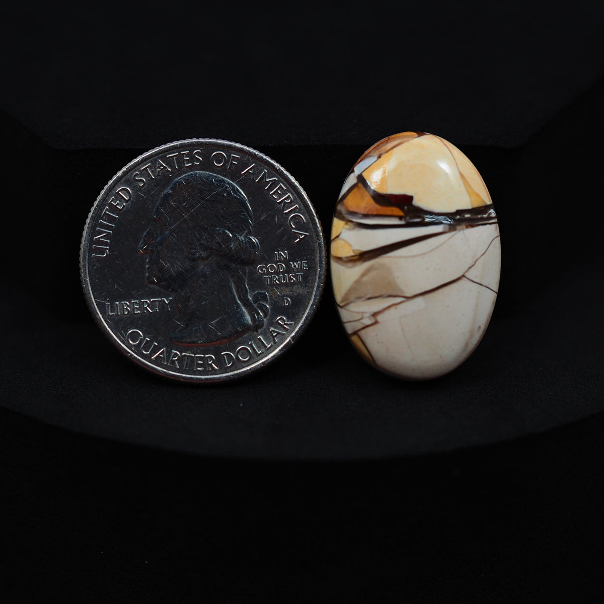 Natural Brecciated Mookaite jasper cabochon 24x17mm oval front view golden brown cream brecciation Pedra Gems