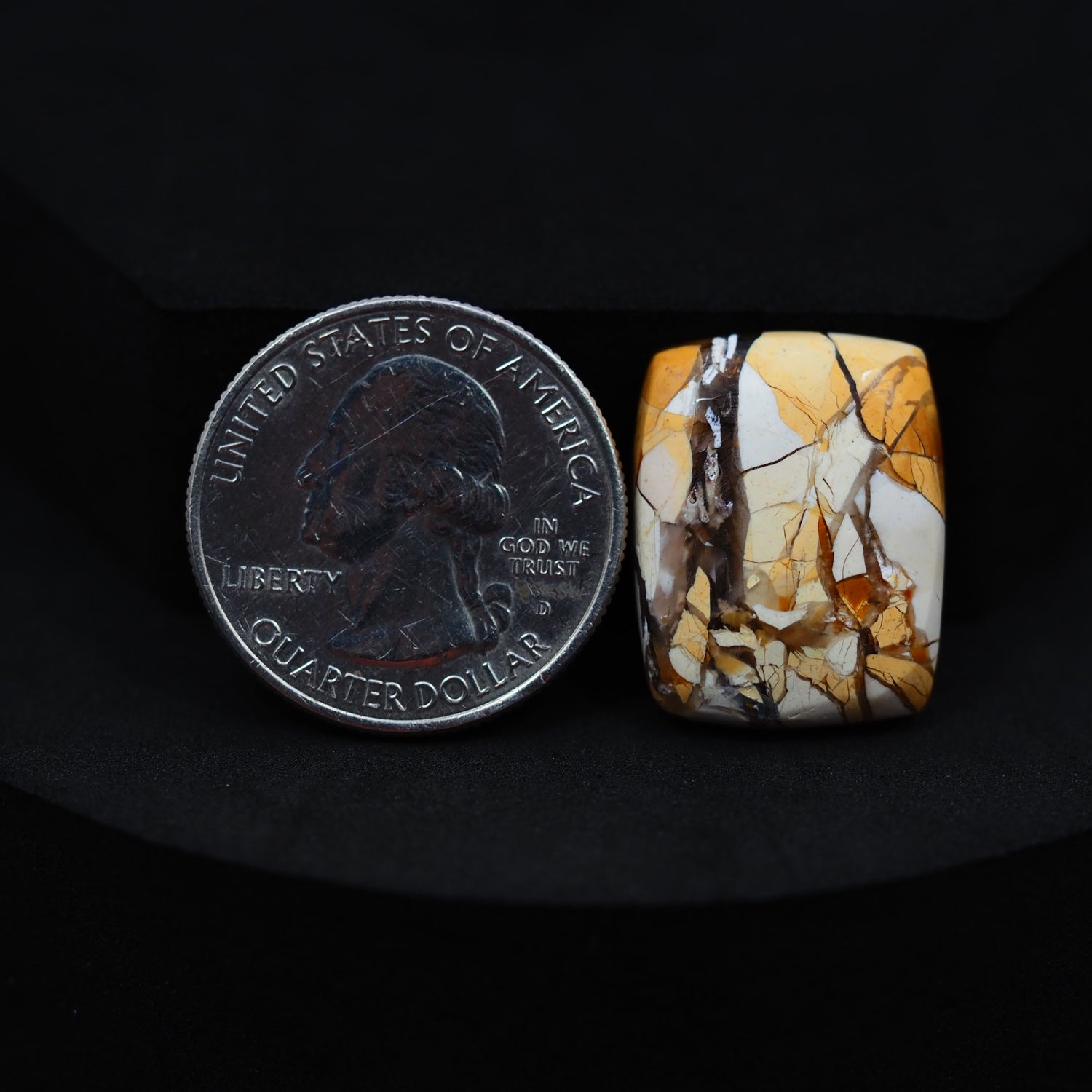 Natural Brecciated Mookaite jasper cabochon 22x17mm cushion front view golden brown cream brecciation Pedra Gems