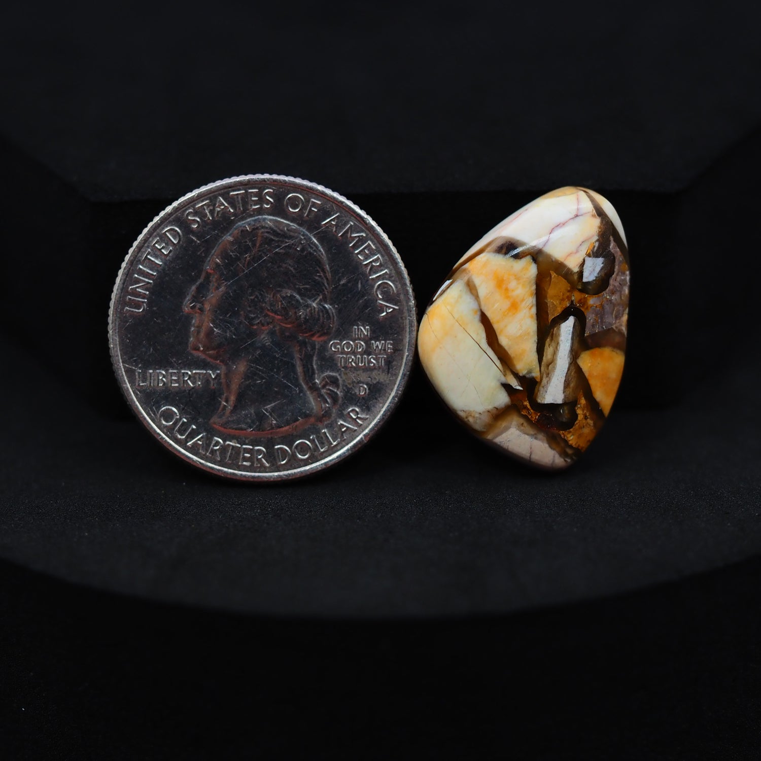 Natural Brecciated Mookaite jasper cabochon 22x16mm freeform front view golden brown cream brecciation Pedra Gems