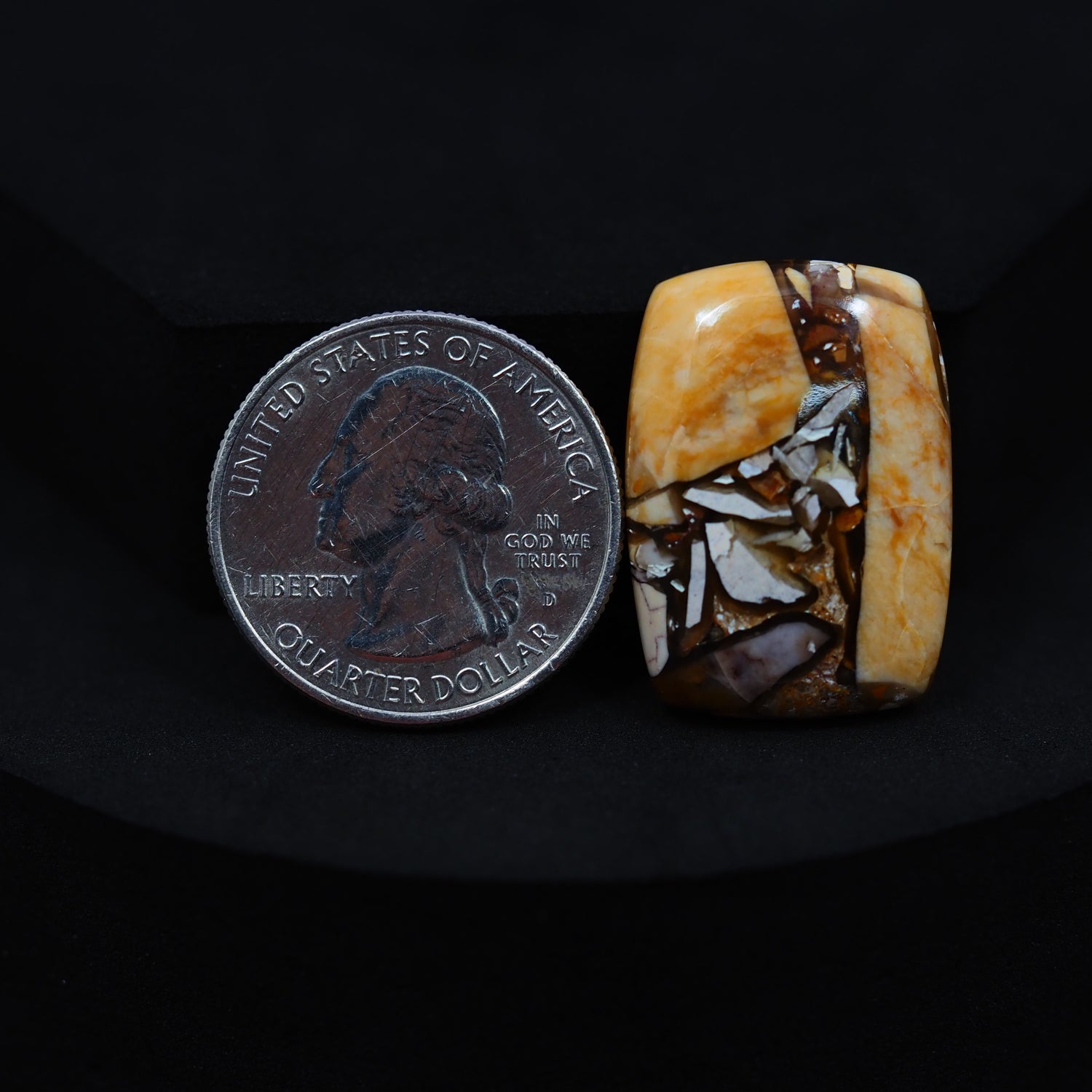 Natural Brecciated Mookaite jasper cabochon 26x19mm oval front view golden brown cream brecciation Pedra Gems