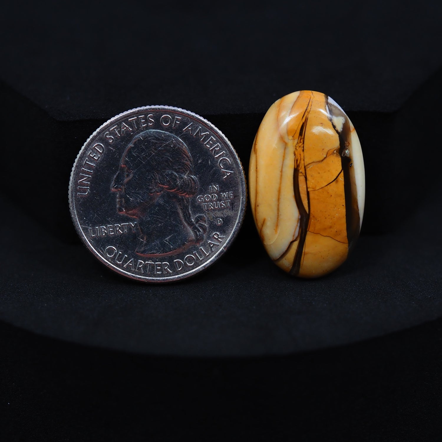 Natural Brecciated Mookaite jasper cabochon 28x18mm oval front view golden brown cream brecciation Pedra Gems