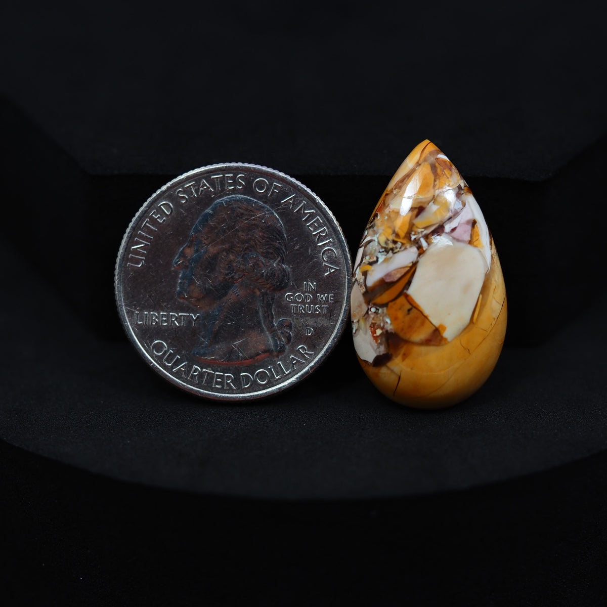 Natural Brecciated Mookaite jasper cabochon 27x16mm pear front view golden brown cream brecciation Pedra Gems