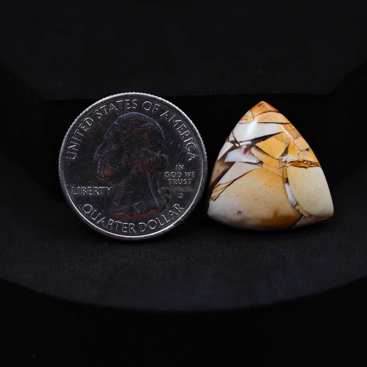 Natural Brecciated Mookaite jasper cabochon 21x21mm trillion front view golden brown cream brecciation Pedra Gems