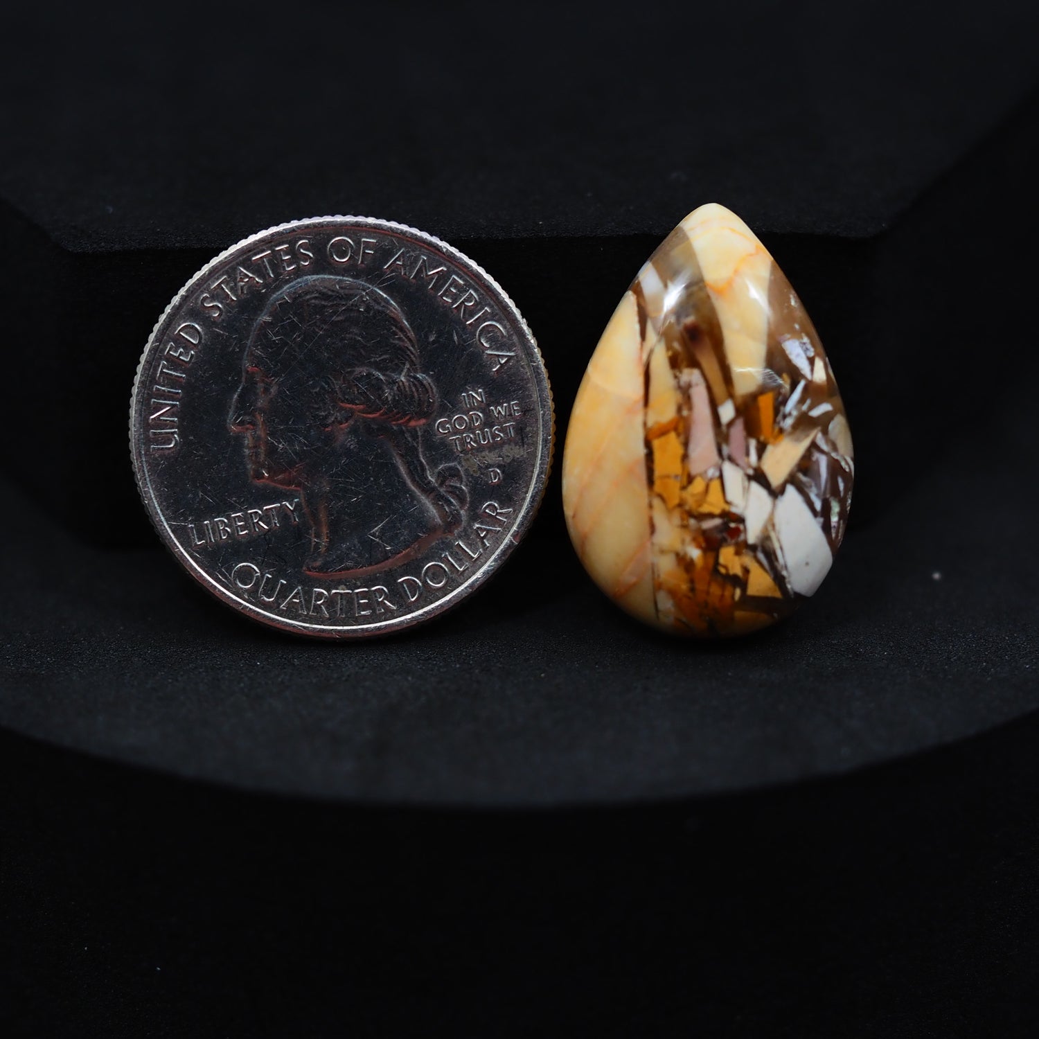 Natural Brecciated Mookaite jasper cabochon 24x16mm pear front view golden brown cream brecciation Pedra Gems