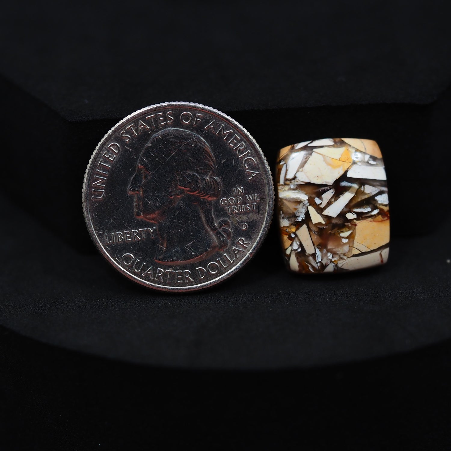 Natural Brecciated Mookaite jasper cabochon 17x14mm cushion front view golden brown cream brecciation Pedra Gems