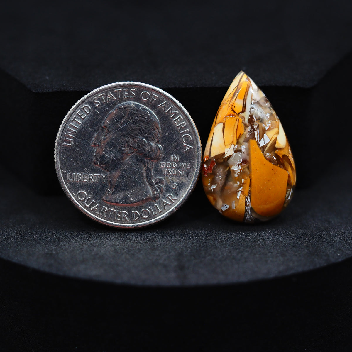 Natural Brecciated Mookaite jasper cabochon 25x16mm pear front view golden brown cream brecciation Pedra Gems
