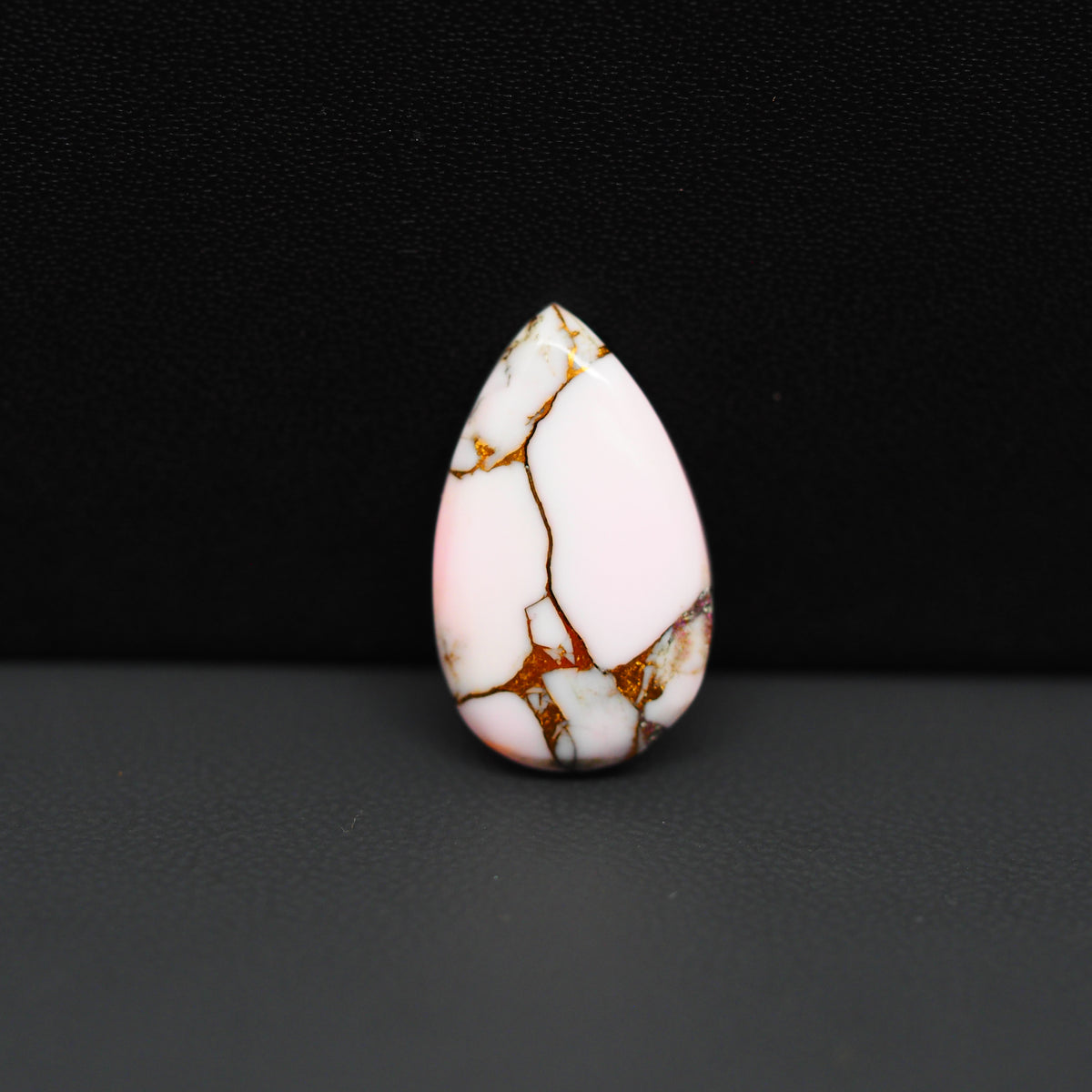 Stabilized Pink Dahlia Pear Cabochon 20x12x4mm 8ct - soft pink and white with bronze veining, Kingman Arizona - Pedra Gems.
