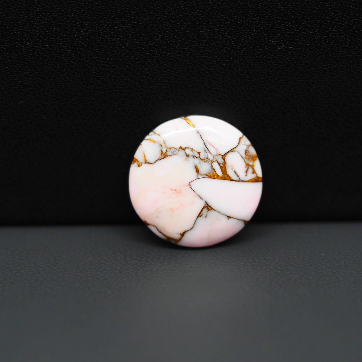 Stabilized Pink Dahlia Round Cabochon 17x17x4mm 10ct - soft pink and white with bronze veining, Kingman Arizona - Pedra Gems.
