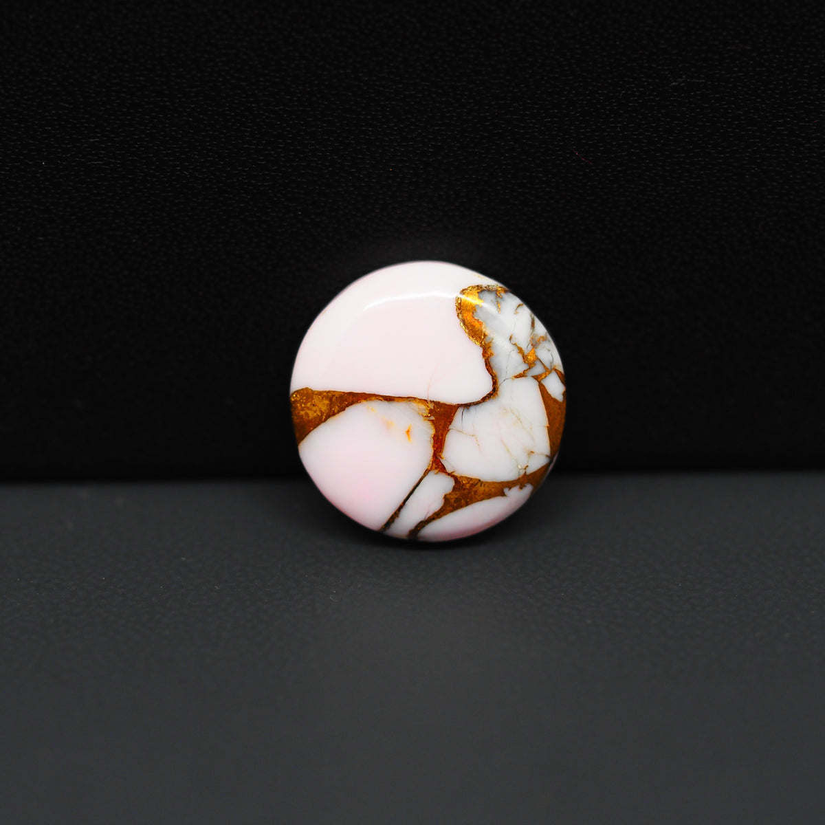 Stabilized Pink Dahlia Round Cabochon 16x16x4mm 9.5ct - soft pink and white with bronze veining, Kingman Arizona - Pedra Gems.