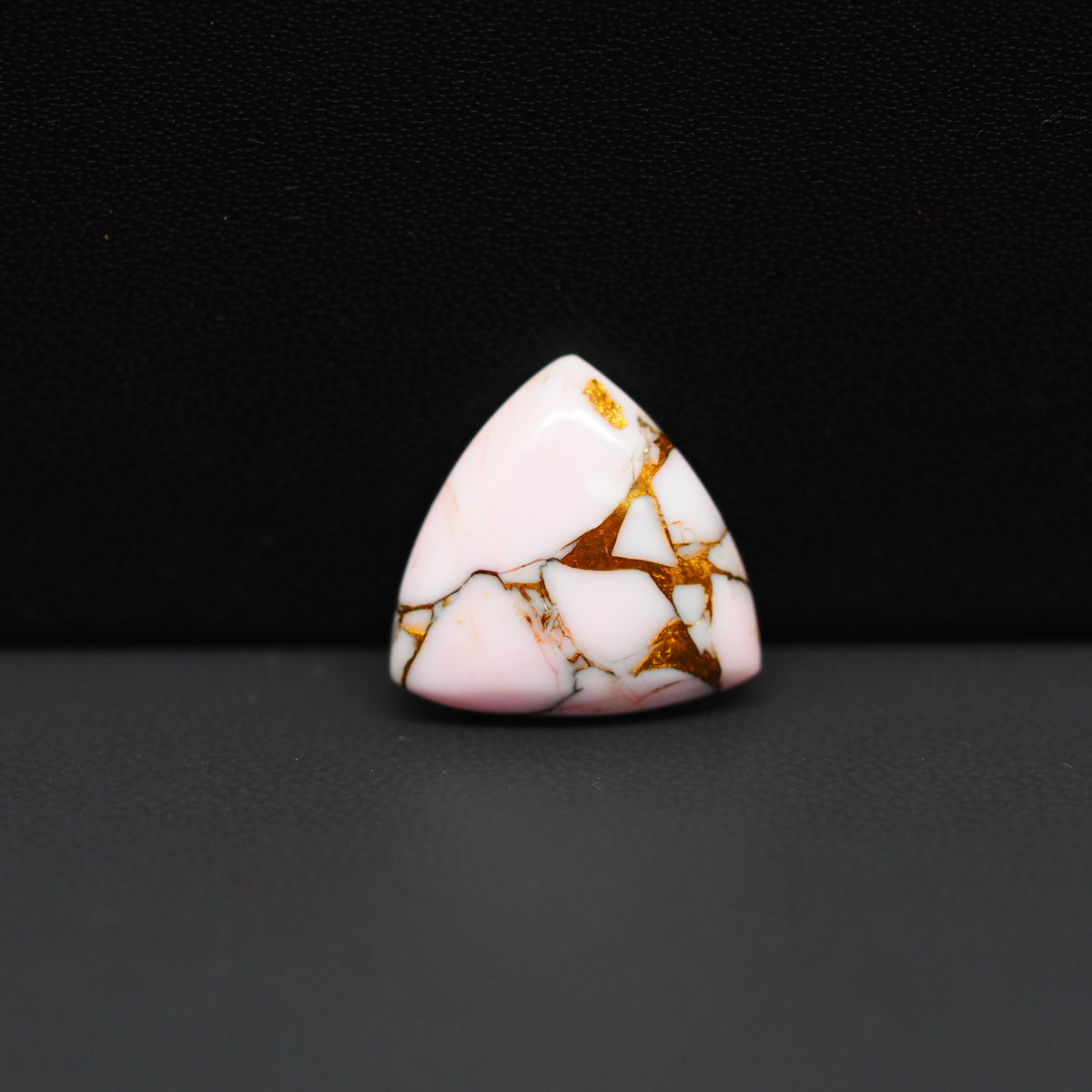 Stabilized Pink Dahlia Trillion Cabochon 16x16x4mm 8.5ct - soft pink and white with bronze veining, Kingman Arizona - Pedra Gems.