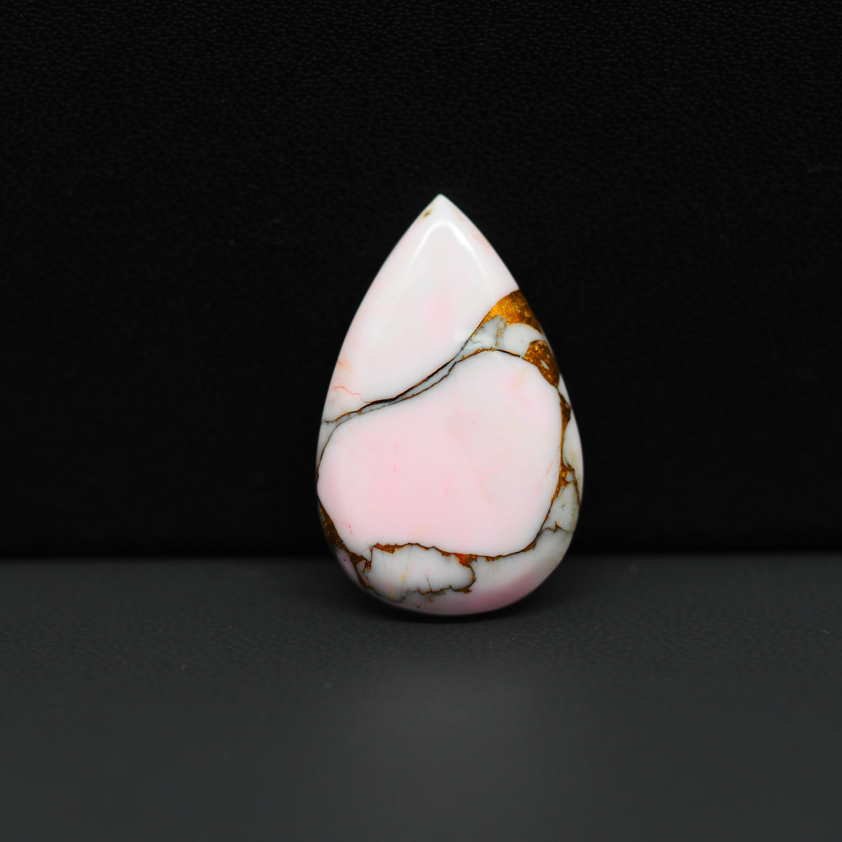 Stabilized Pink Dahlia Pear Cabochon 26x16x4mm 14ct - soft pink and white with bronze veining, Kingman Arizona - Pedra Gems.
