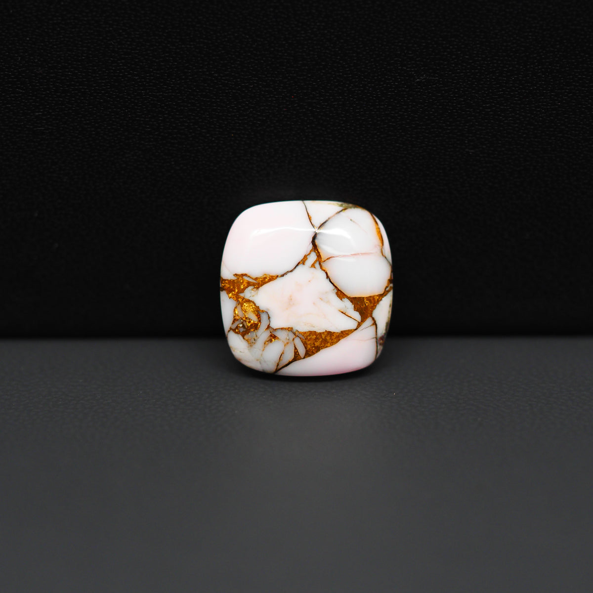 Stabilized Pink Dahlia Cushion Cabochon 15x15x4mm 9ct - soft pink and white with bronze veining, Kingman Arizona - Pedra Gems.